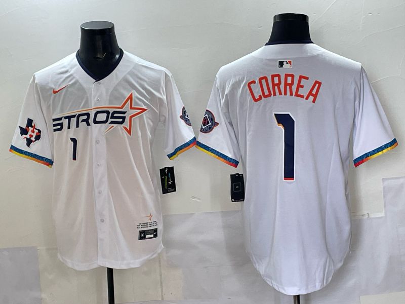 Men 2025 Houston Astros #1 Correa White Four generations Joint Name Nike MLB Jersey style 08